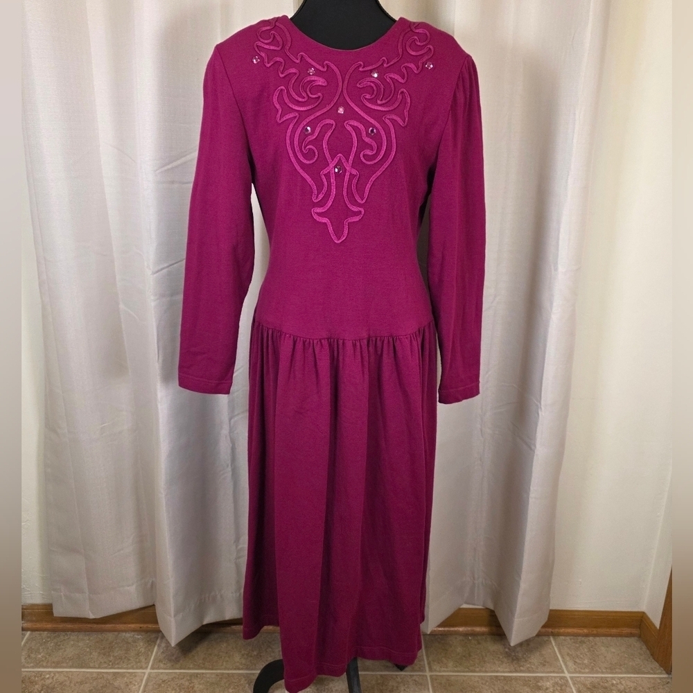 Vintage 80s Pink Rhinestone Midi Dress Small